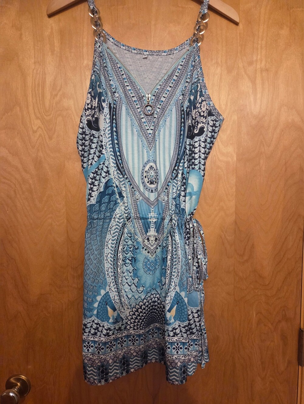 Turquoise Patterned Halter Dress with Chain Straps